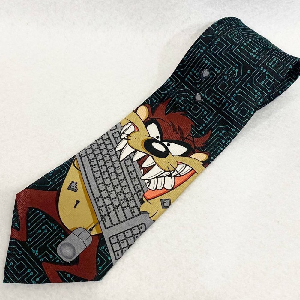 Vintage Looney Tunes Tasmanian Devil Computer Men's Tie Black Polyester